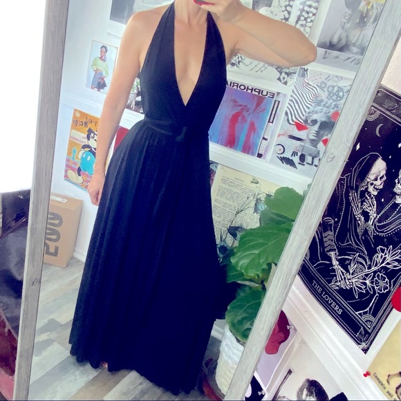 J Uptown Black maxi wrap dress Size XS A-skirt Open Back Deep V-neck - Picture 3 of 10